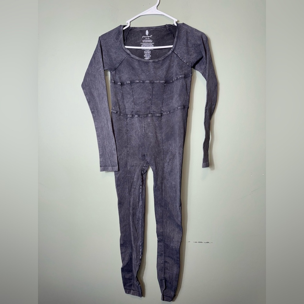 Free People Women’s Good Karma Corset Long Sleeve Onesie‎ Blk Mineral Wash XS/S